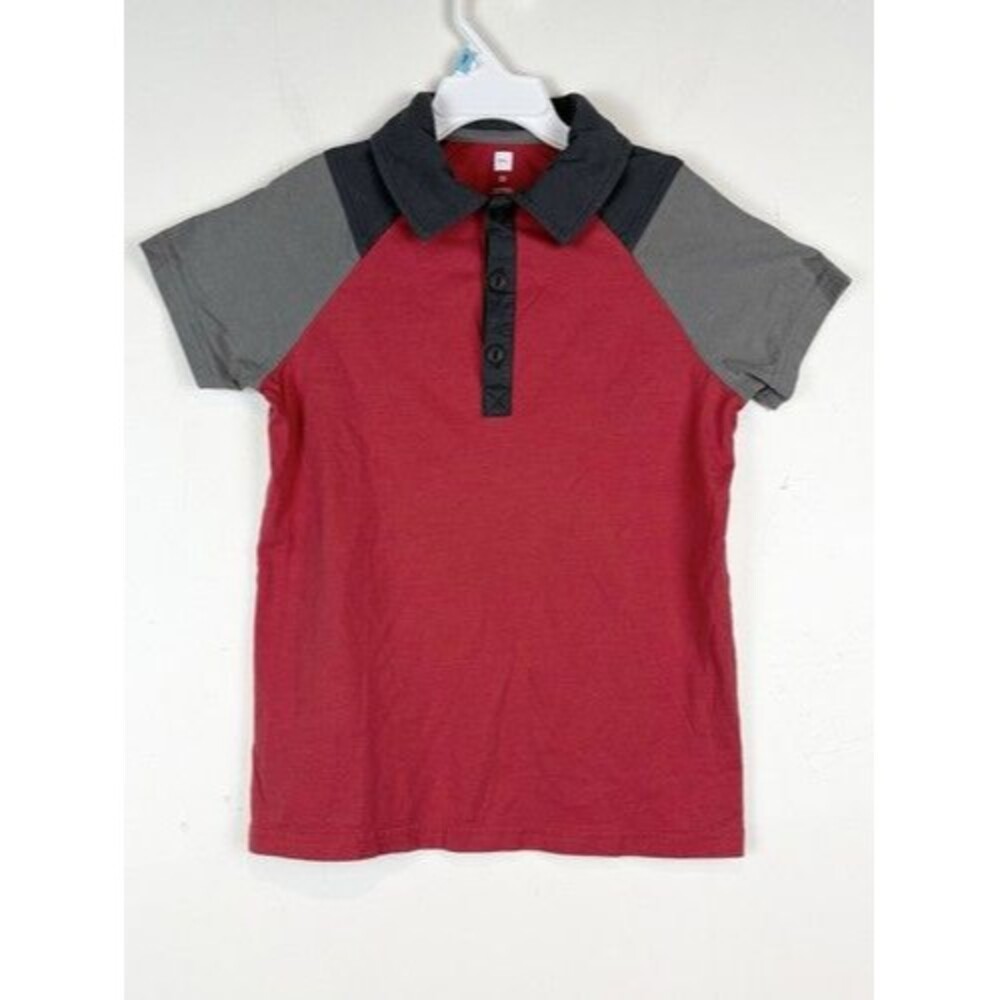 Tea Collection Boys Polo Red Gray Short Sleeve Colorblock 100% Cotton Sz 10